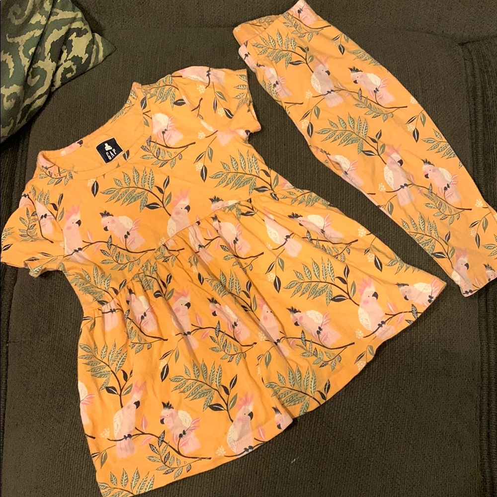 Yellow Bird Print Dress and Leggings Set